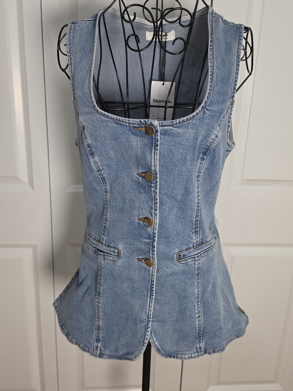 Showpo Raquel Denim Vest Top Scoop Neck Button Down Mid Blue Wash NWT Size 8